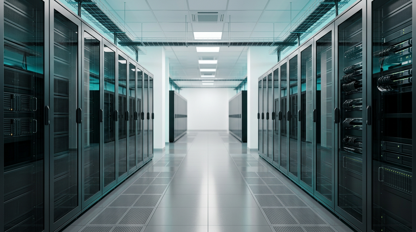 An orderly data center corridor lined with server racks